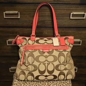 COACH Daisy Outline Signature Canvas Emma Tote Bag Purse Tan/Orange/White 24066